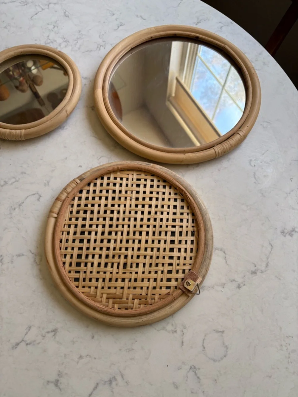 Vintage Boho chic Bamboo Frame Round Wall Mirrors - Set of 3